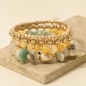Metallic and Chip Stone  Beaded Bracelet Set - Green