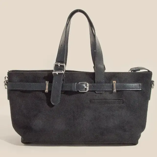 Leather Buckle Strap Detail Tote Bag - Black