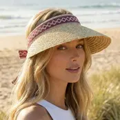 Diamond Band Visor Straw Sun Hat - Ruby