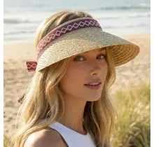 Diamond Band Visor Straw Sun Hat - Ruby