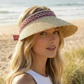 Diamond Band Visor Straw Sun Hat - Ruby