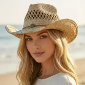 Straw Basket Rope Strap Western Cowboy Hat - Natural