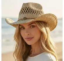 Straw Basket Rope Strap Western Cowboy Hat - Natural