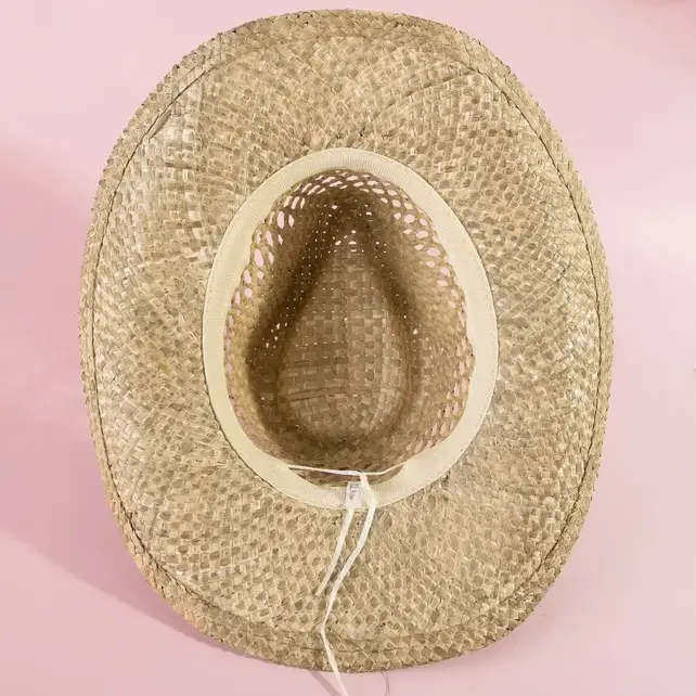 Straw Basket Rope Strap Western Cowboy Hat - Natural