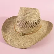 Straw Basket Rope Strap Western Cowboy Hat - Natural
