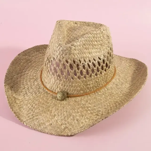 Straw Basket Rope Strap Western Cowboy Hat - Natural