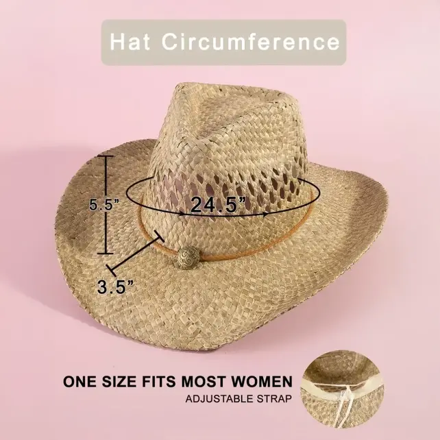 Straw Basket Rope Strap Western Cowboy Hat - Natural