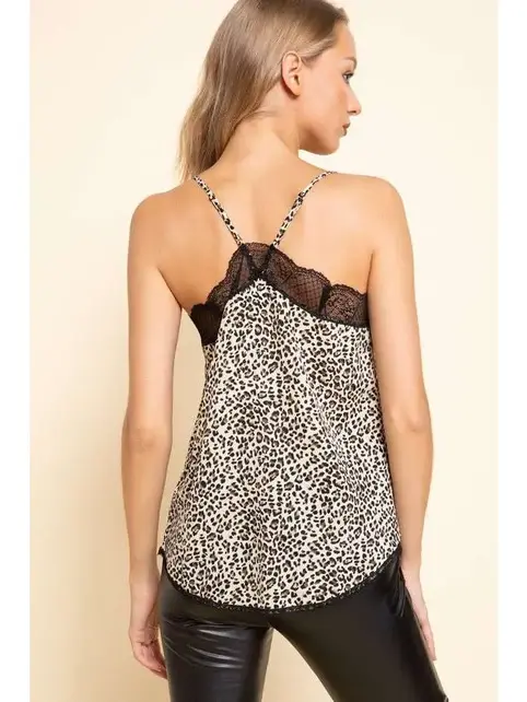 Animal Print Spaghetti Strap Lace Top - Sand