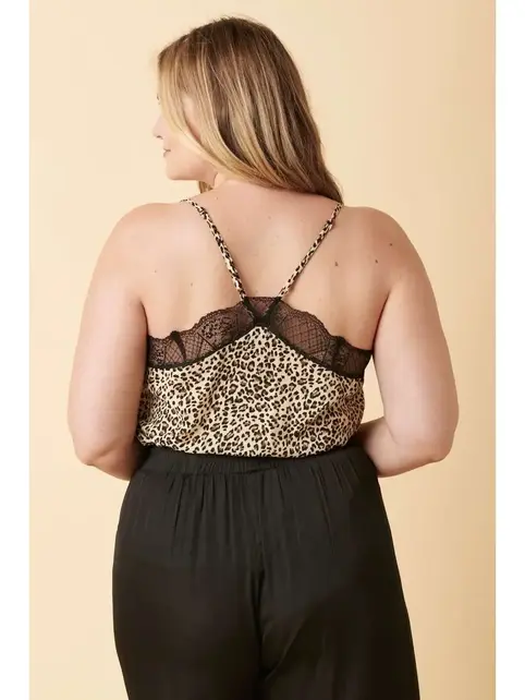 Plus  Animal Print Spaghetti Strap Lace Top - Sand