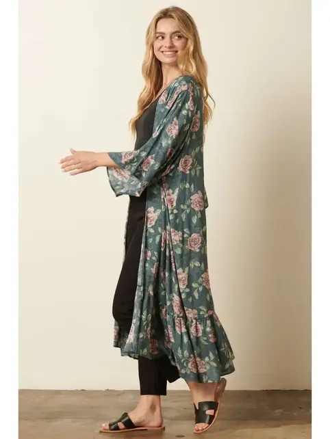 Flower Print Maxi Duster - Jade