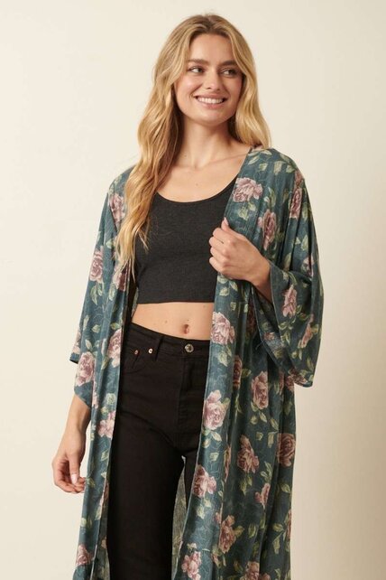 Flower Print Maxi Duster - Jade