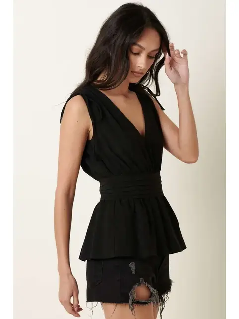 V Neck Peplum Sleeveless Blouse - Black