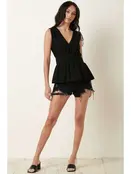 V Neck Peplum Sleeveless Blouse - Black