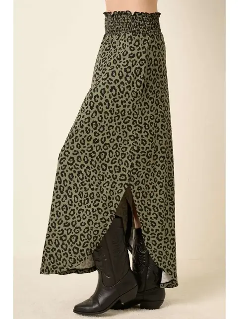 Leopard Print Maxi Skirt - Olive