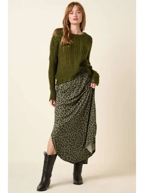 Leopard Print Maxi Skirt - Olive