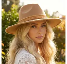 Intricate Braided Band Fedora Hat - Tan