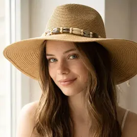 Assorted Beads Summer Straw Hat - Khaki