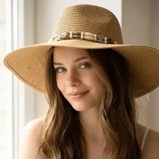 Assorted Beads Summer Straw Hat - Khaki