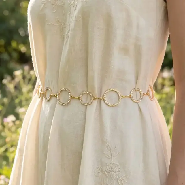Crystal Rhinestone Circle Chain Belt - Gold