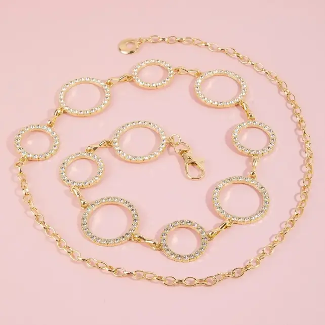 Crystal Rhinestone Circle Chain Belt - Gold