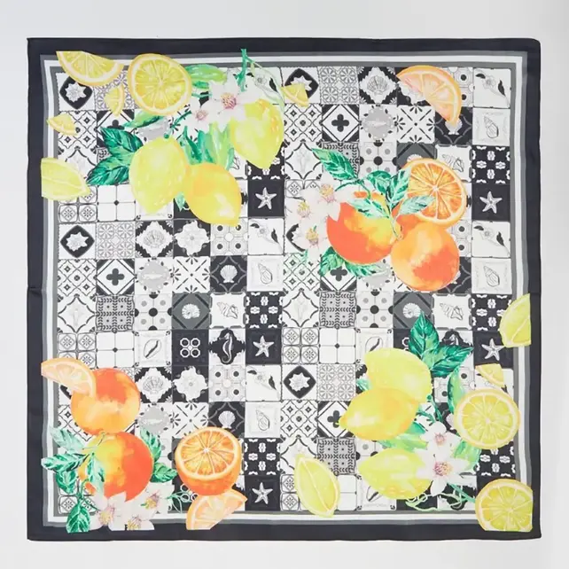 Lemon and Orange Print Square Bandana Scarf - Black