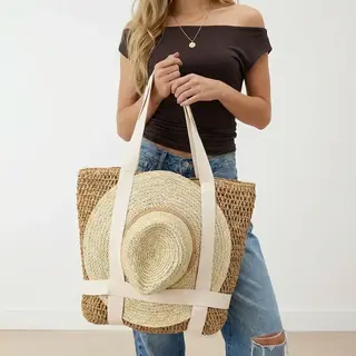 Straw Braided Hat Carrier Tote Bag - Taupe