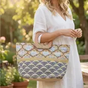 Woven Wooden Handle Tote Bag - Blue Gold