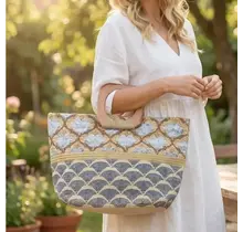 Woven Wooden Handle Tote Bag - Blue Gold
