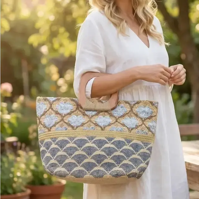 Woven Wooden Handle Tote Bag - Blue Gold