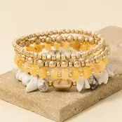 Metallic and Chip Stone Mixed Beaded Bracelet Set - White