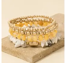 Metallic and Chip Stone Mixed Beaded Bracelet Set - White