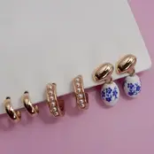 Blue Ceramic Porcelain Trio Huggie Hoop Earrings | 80E6525