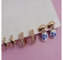 Blue Ceramic Porcelain Trio Huggie Hoop Earrings | 80E6525