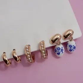 Blue Ceramic Porcelain Trio Huggie Hoop Earrings | 80E6525