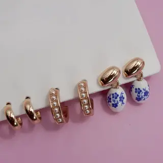 Blue Ceramic Porcelain Trio Huggie Hoop Earrings | 80E6525