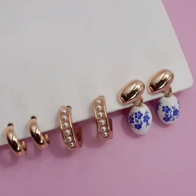 Blue Ceramic Porcelain Trio Huggie Hoop Earrings | 80E6525