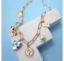 Ceramic Porcelain Bow Heart Charm Link Necklace | 80N91547