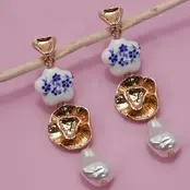 Blue Ceramic Porcelain Gold Pearl Drop Earrings | 80E6455