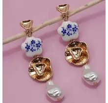 Blue Ceramic Porcelain Gold Pearl Drop Earrings | 80E6455