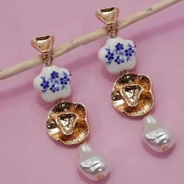 Blue Ceramic Porcelain Gold Pearl Drop Earrings | 80E6455