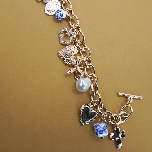 Ceramic Porcelain Heart Bow Pearl Charm Bracelet | 80B1342