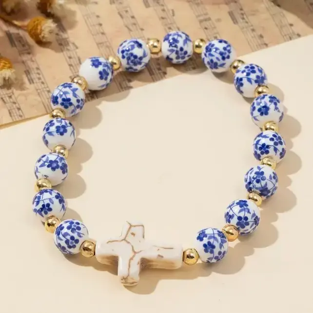 Blue Ceramic Porcelain Cross Charm Bracelet | 40B5175
