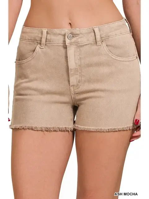 Washed Fray Hem Cotton Denim Shorts