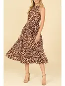 Leopard High Neck Tiered Midi Dress - Brown