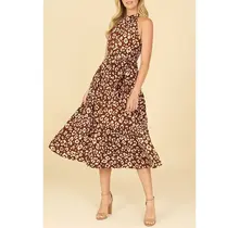 Leopard High Neck Tiered Midi Dress - Brown
