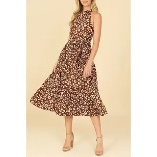 Leopard High Neck Tiered Midi Dress - Brown