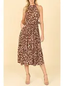 Leopard High Neck Tiered Midi Dress - Brown