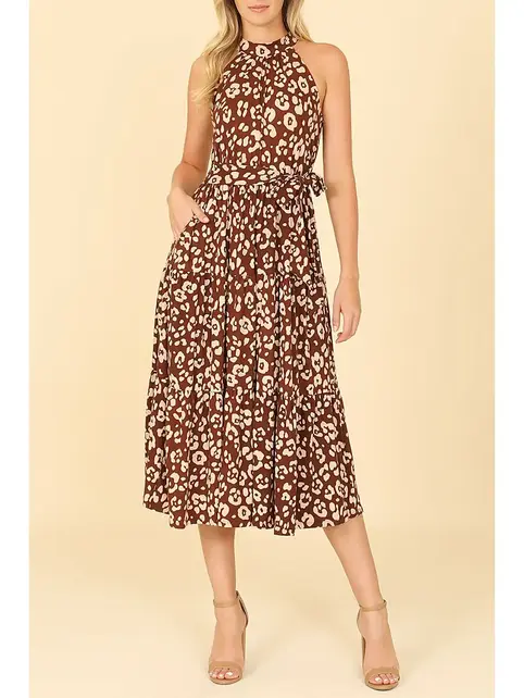 Leopard High Neck Tiered Midi Dress - Brown