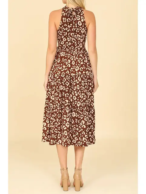 Leopard High Neck Tiered Midi Dress - Brown