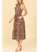 Leopard High Neck Tiered Midi Dress - Brown